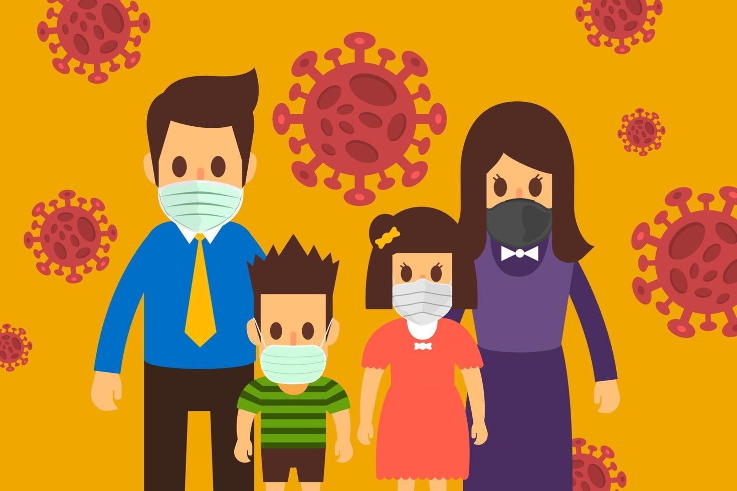 Family wearing masks to avoid COVID-19 vector