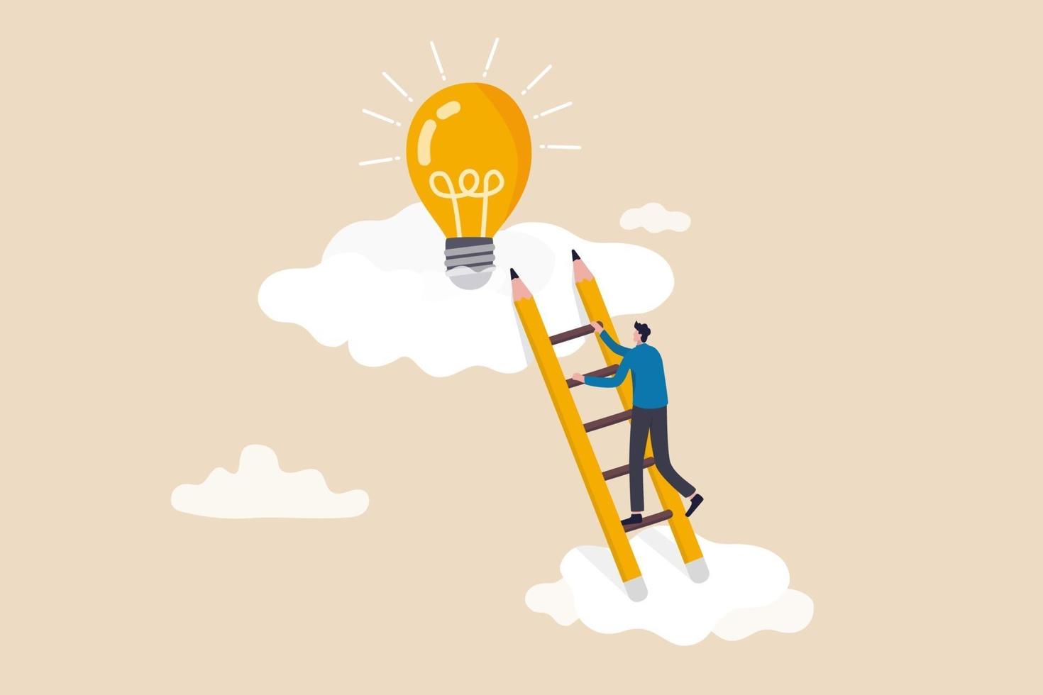 Creative idea, inspiration or imagination to create new innovative work, opportunity or wisdom concept, businessman creative guy climbing ladder built from pencil to upper cloud to find lightbulb idea vector