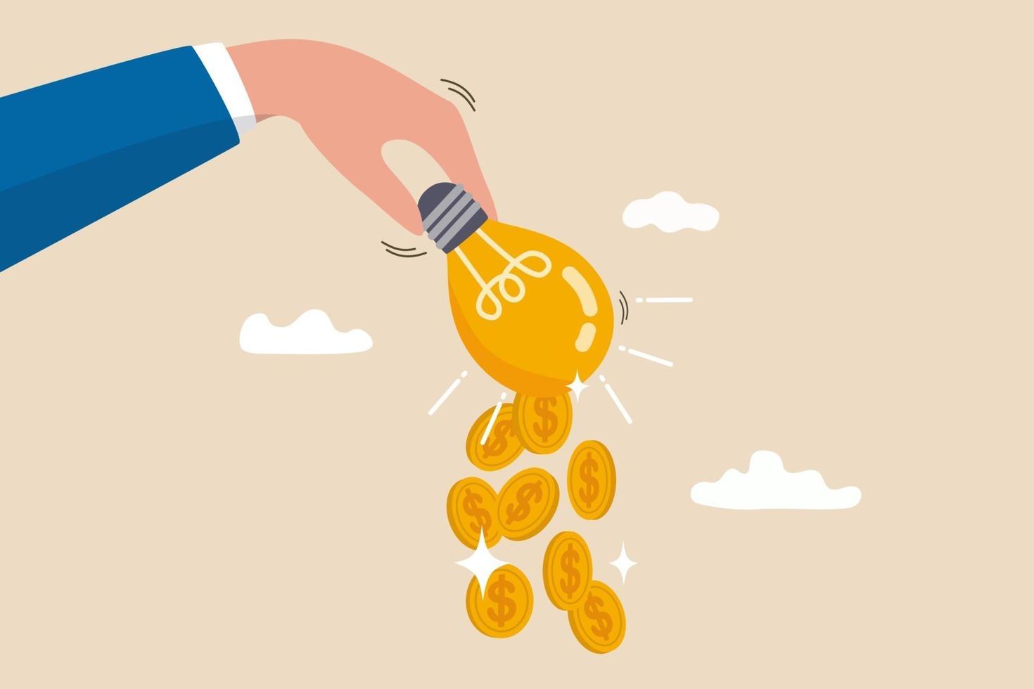 Idea to make money, financial innovation or business or investment ideas, earning or profit from creativity concept, dollar money coins falling from businessman hand shaking the lamp or lightbulb idea vector