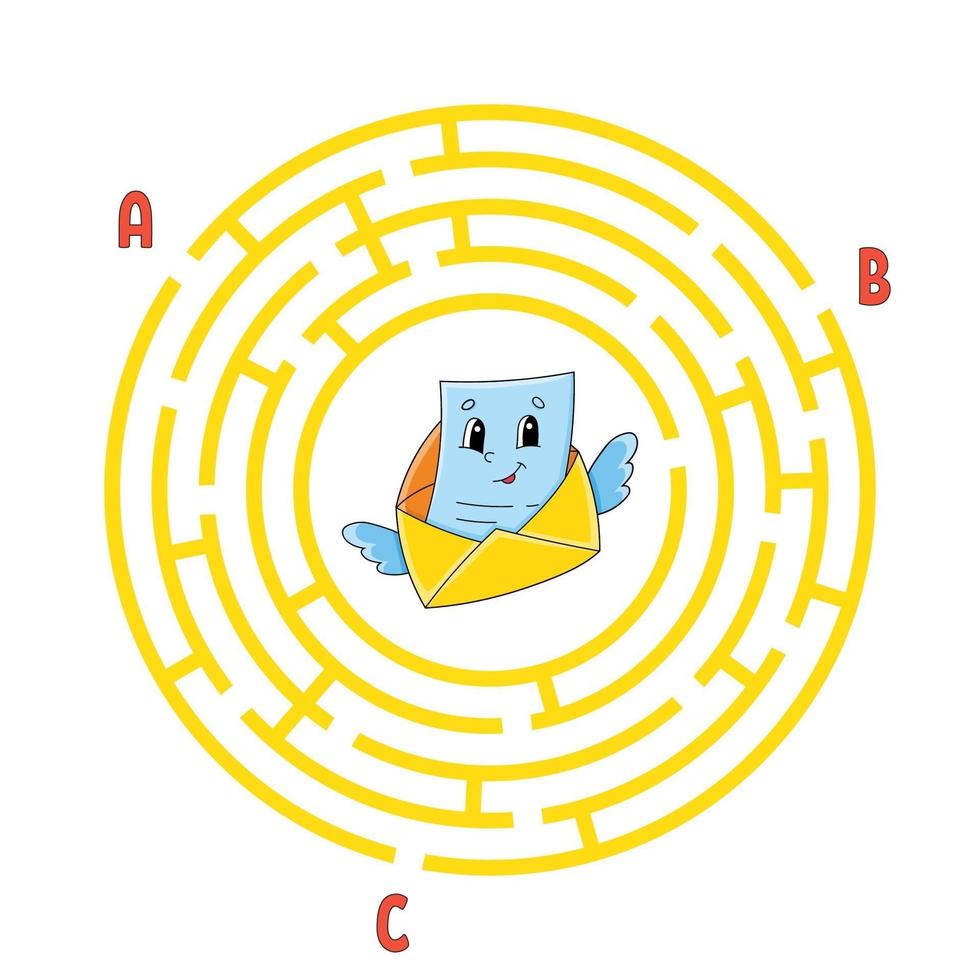 Circle maze. Game for kids. Puzzle for children. Round labyrinth conundrum. Color vector illustration. Find the right path. Education worksheet.