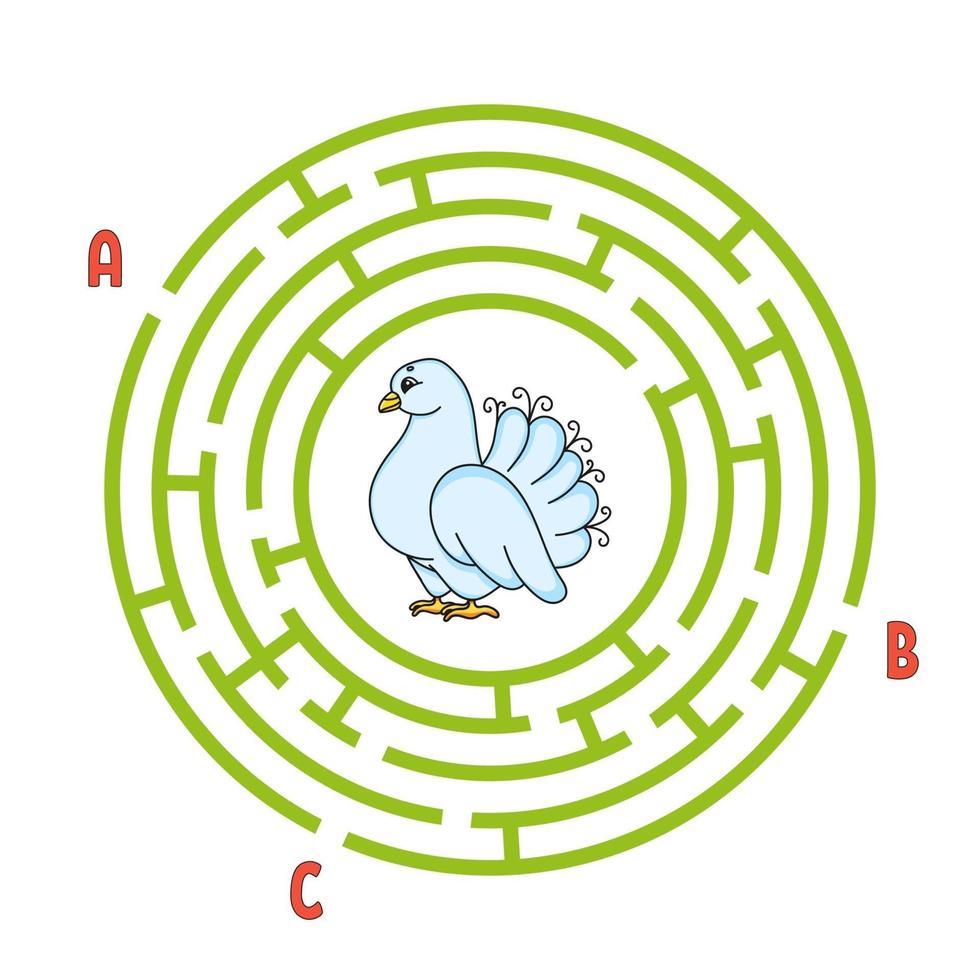 Circle maze. Game for kids. Puzzle for children. Round labyrinth conundrum. Color vector illustration. Find the right path. Education worksheet.