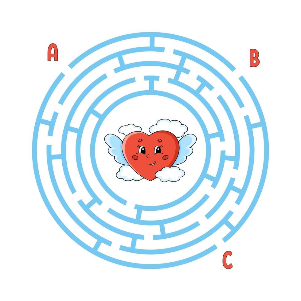 Circle maze. Game for kids. Puzzle for children. Round labyrinth conundrum. Color vector illustration. Find the right path. Education worksheet.