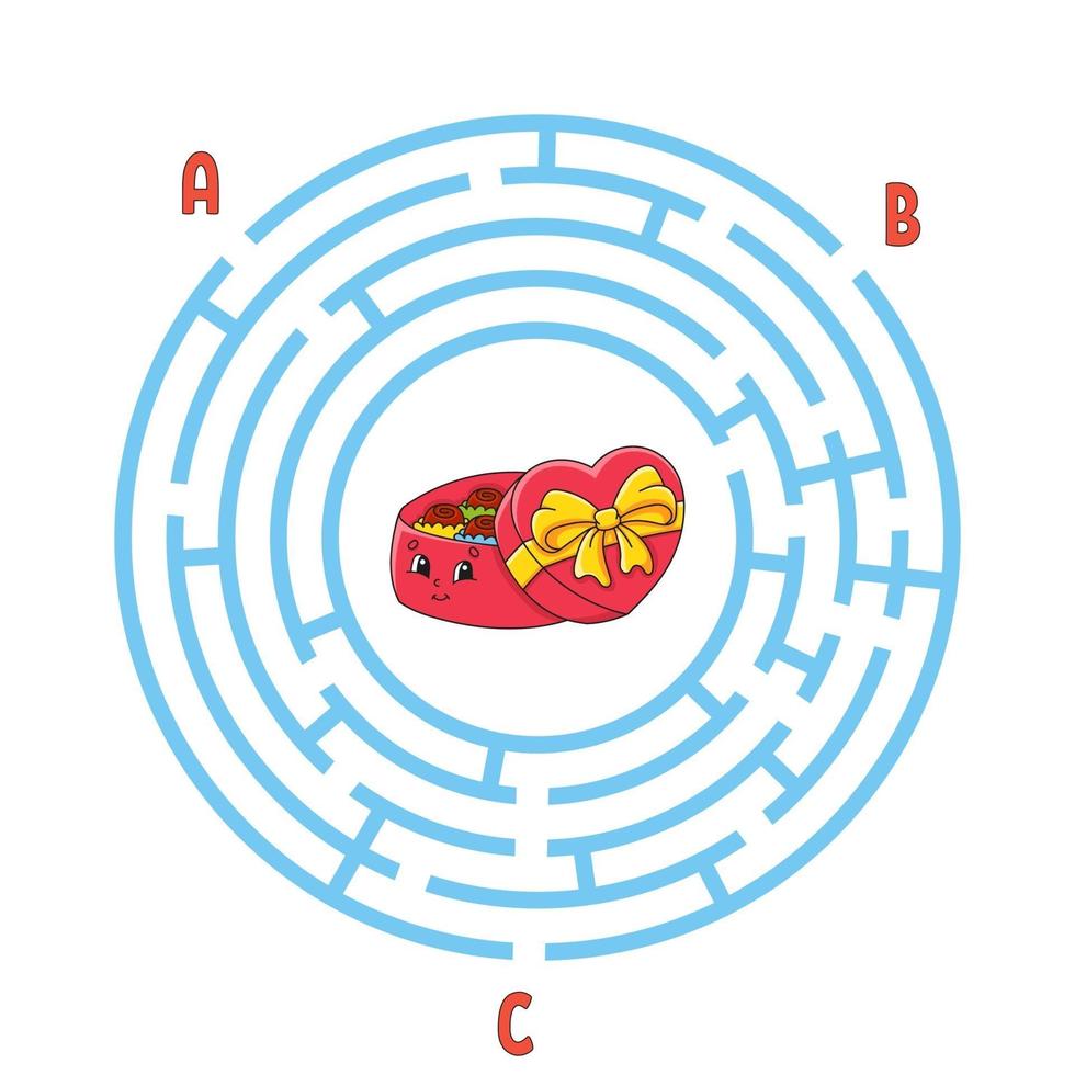 Circle maze. Game for kids. Puzzle for children. Round labyrinth conundrum. Color vector illustration. Find the right path. Education worksheet.