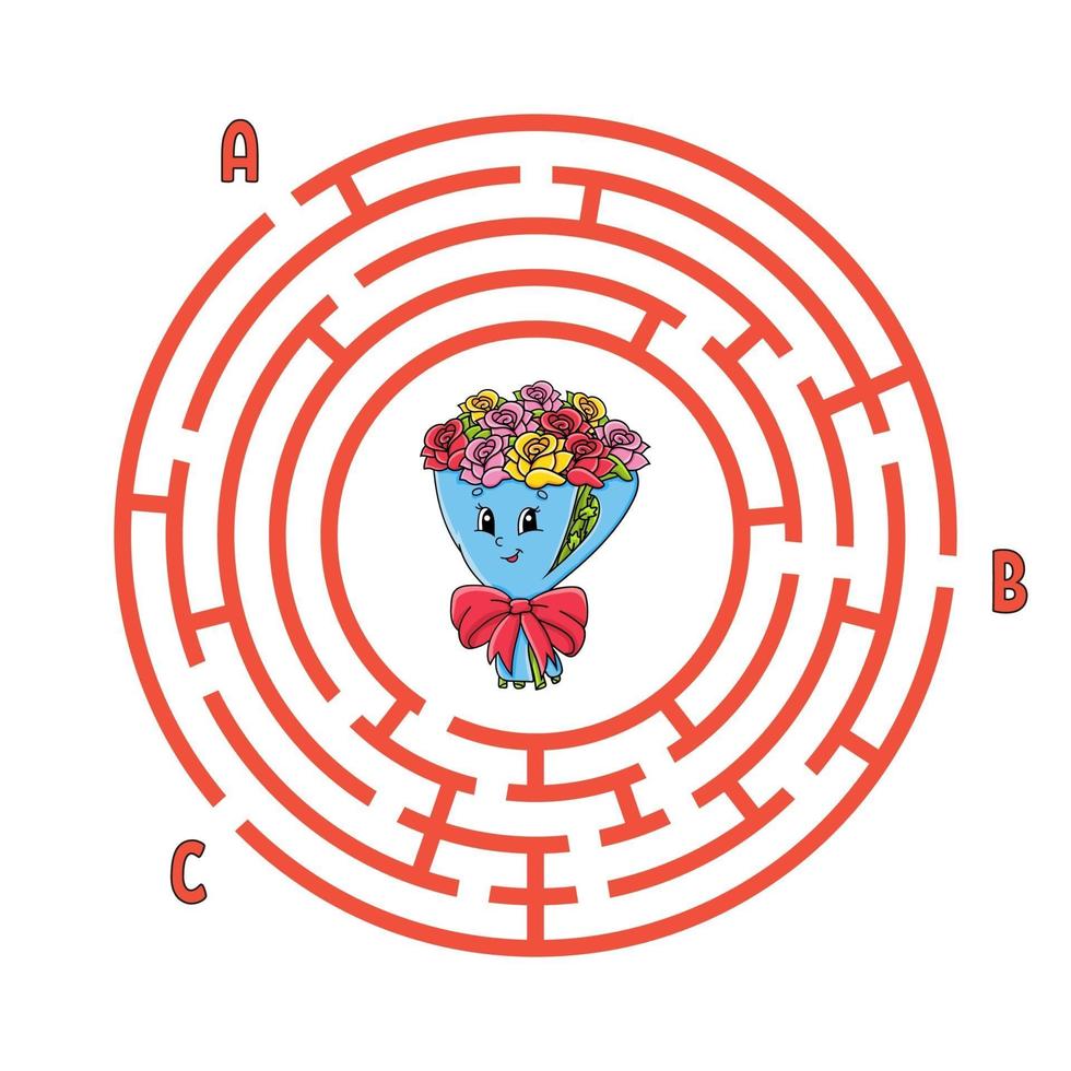 Circle maze. Game for kids. Puzzle for children. Round labyrinth conundrum. Color vector illustration. Find the right path. Education worksheet.