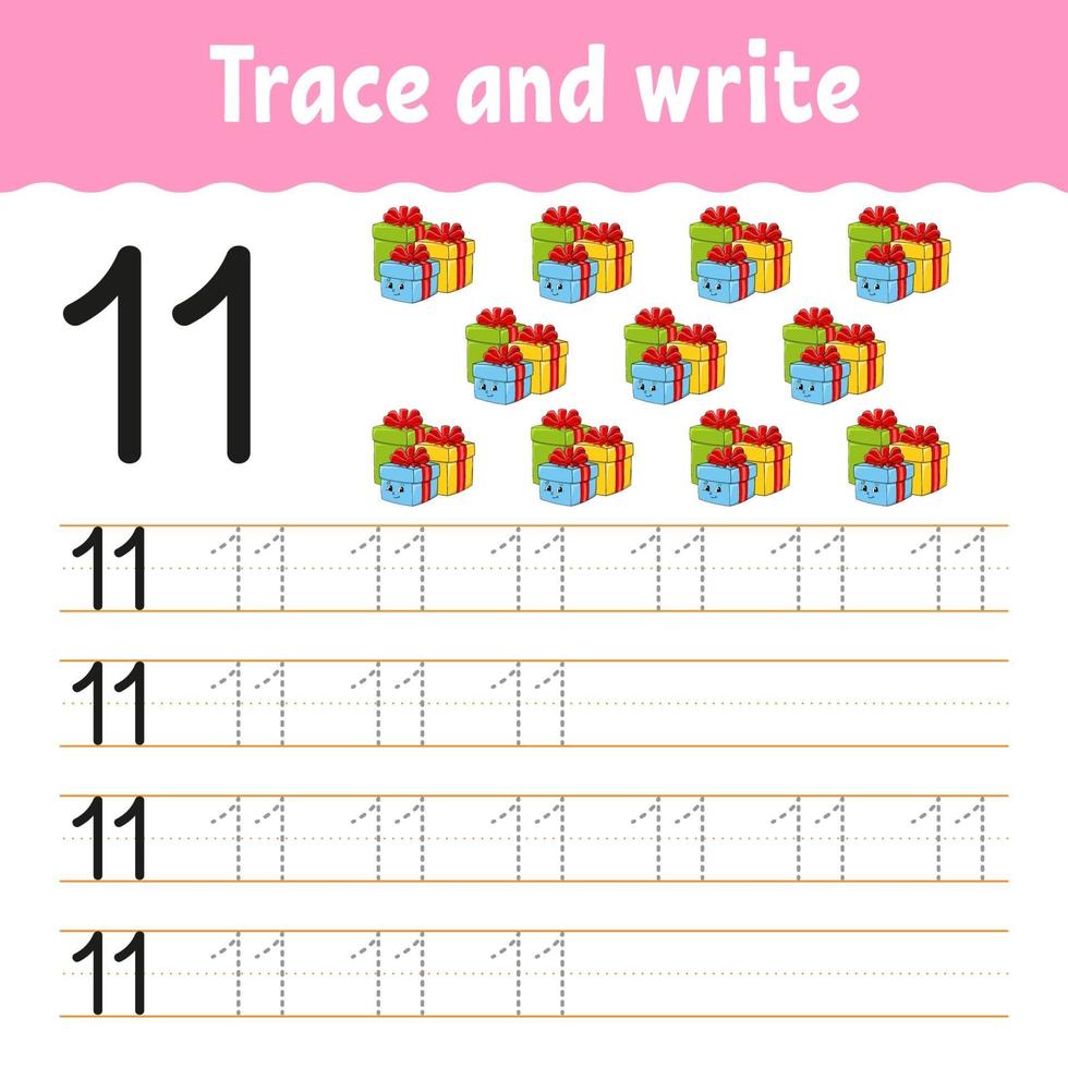 Learn Number 11. Trace and write. Winter theme. Handwriting practice. Learning numbers for kids. Education developing worksheet. Color activity page. Isolated vector illustration in cute cartoon style.