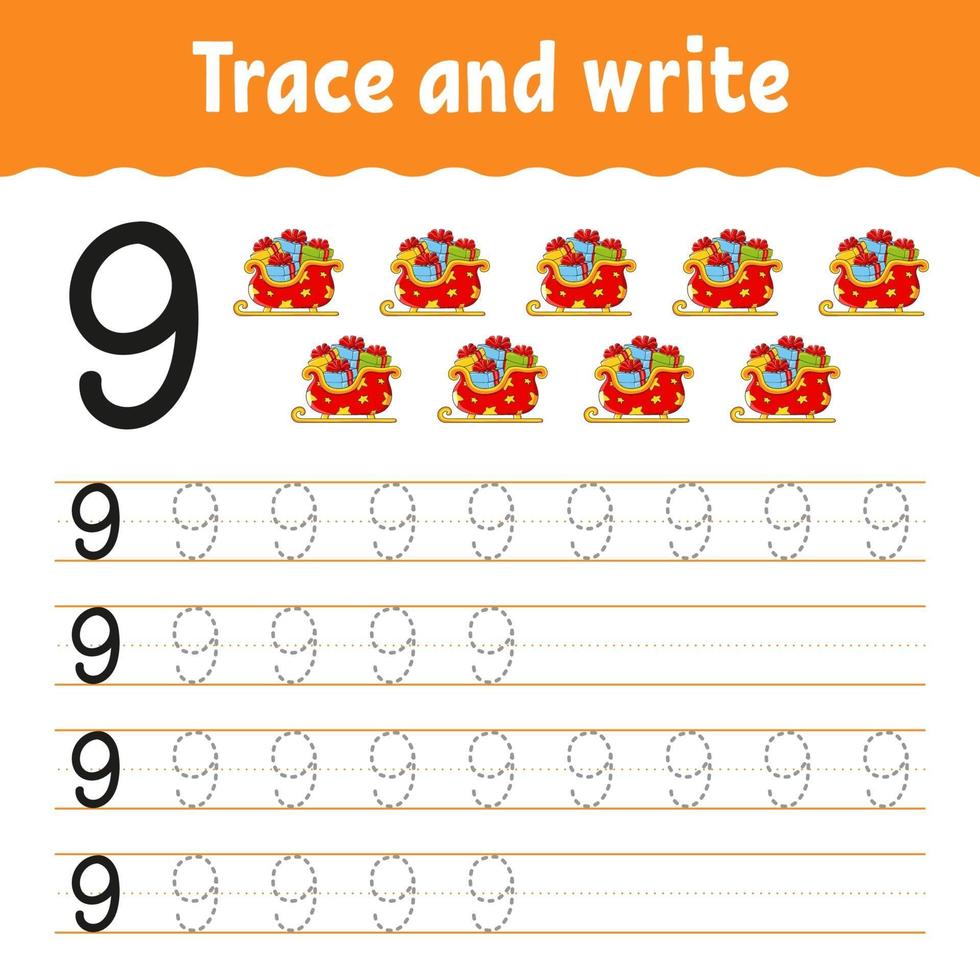 Learn Numbers 9. Trace and write. Winter theme. Handwriting practice. Learning numbers for kids. Education developing worksheet. Color activity page. Isolated vector illustration in cute cartoon style.
