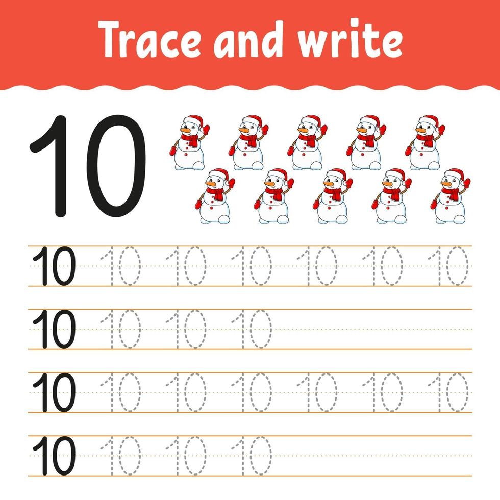 Learn Number 10. Trace and write. Winter theme. Handwriting practice. Learning numbers for kids. Education developing worksheet. Color activity page. Isolated vector illustration in cute cartoon style.