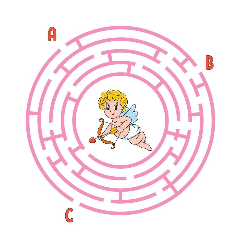 Circle maze cupid. Game for kids. Puzzle for children. Round labyrinth conundrum. Color vector illustration. Find the right path. Education worksheet.