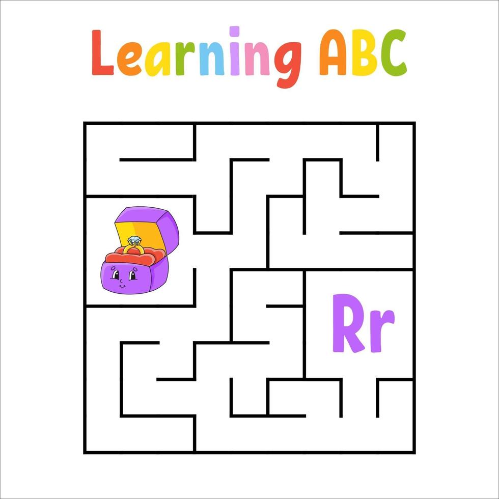 Square maze ring box. Game for kids. Quadrate labyrinth. Education worksheet. Activity page. Learning English alphabet. Cartoon style. Find the right way. Color vector illustration.