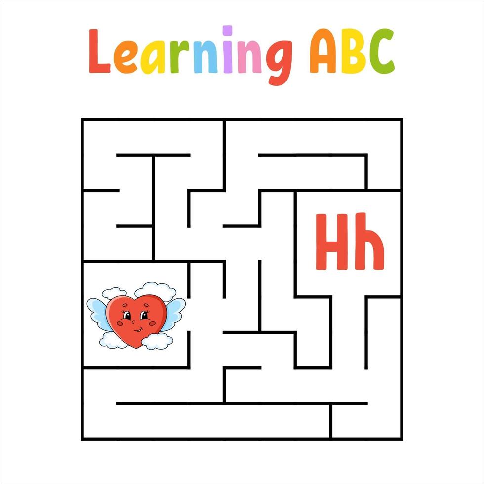 Square maze heart. Game for kids. Quadrate labyrinth. Education worksheet. Activity page. Learning English alphabet. Cartoon style. Find the right way. Color vector illustration.