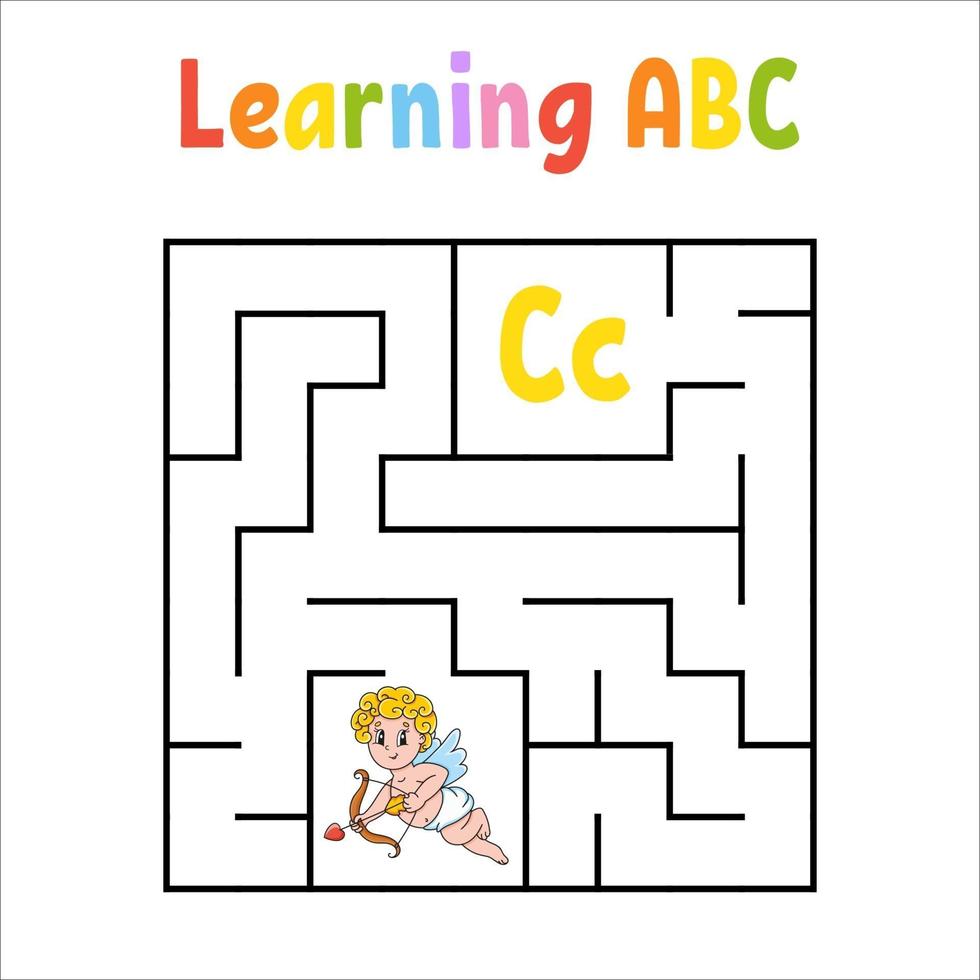 Square maze cupid. Game for kids. Quadrate labyrinth. Education worksheet. Activity page. Learning English alphabet. Cartoon style. Find the right way. Color vector illustration.