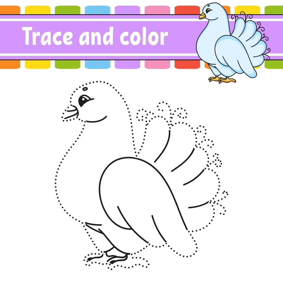 Trace and color dove. Coloring page for kids. Handwriting practice. Education developing worksheet. Activity page. Game for toddlers. Isolated vector illustration. Cartoon style.