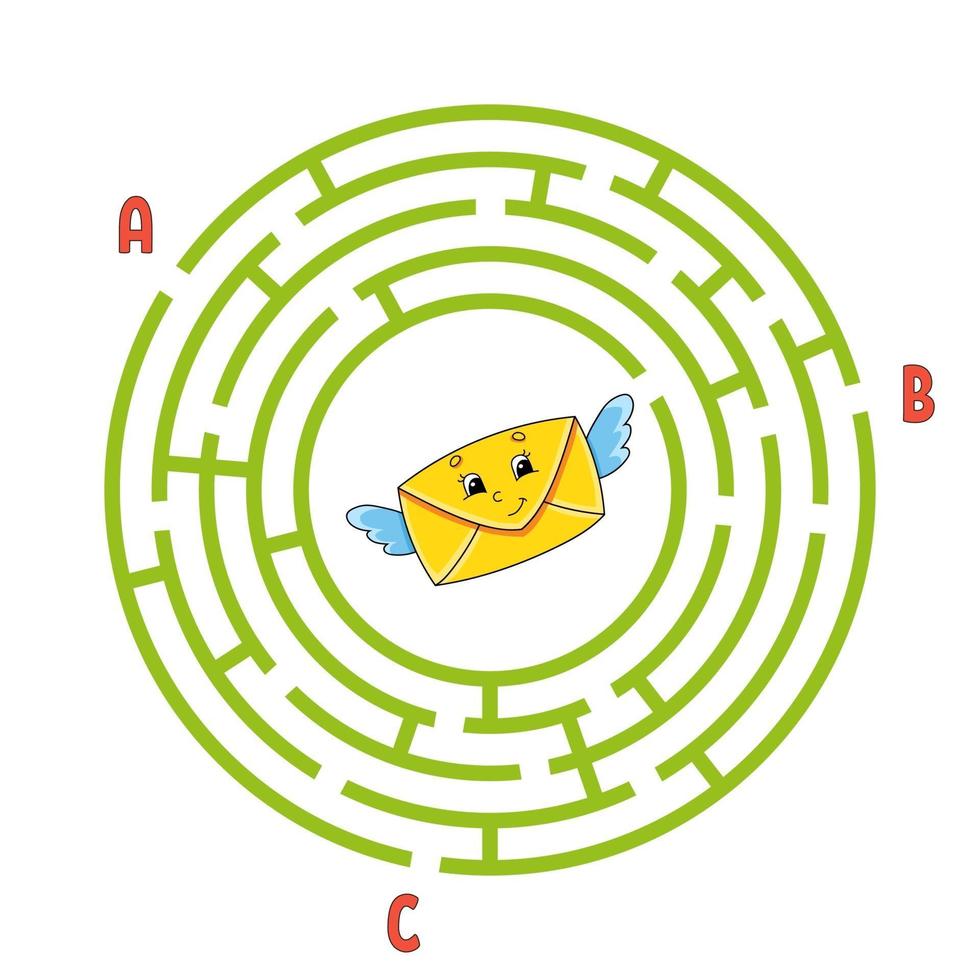 Circle maze envelope. Game for kids. Puzzle for children. Round labyrinth conundrum. Color vector illustration. Find the right path. Education worksheet.