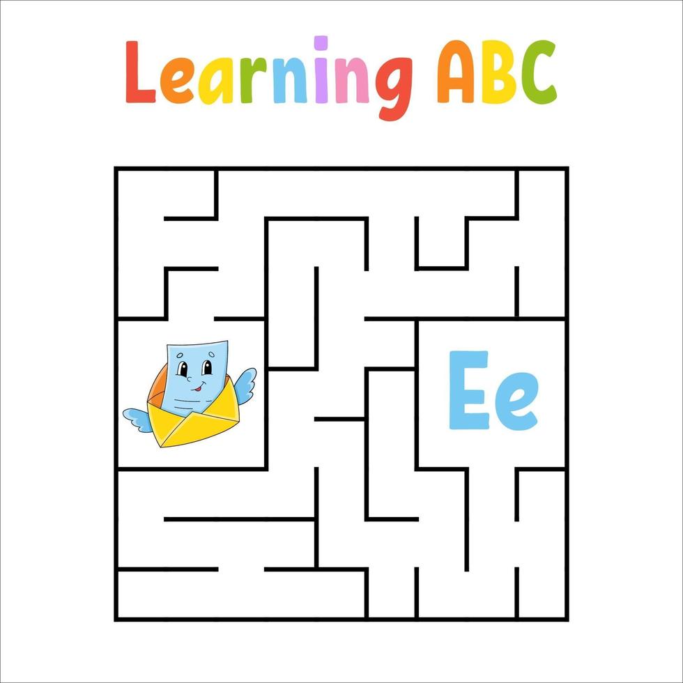 Square maze envelope. Game for kids. Quadrate labyrinth. Education worksheet. Activity page. Learning English alphabet. Cartoon style. Find the right way. Color vector illustration.