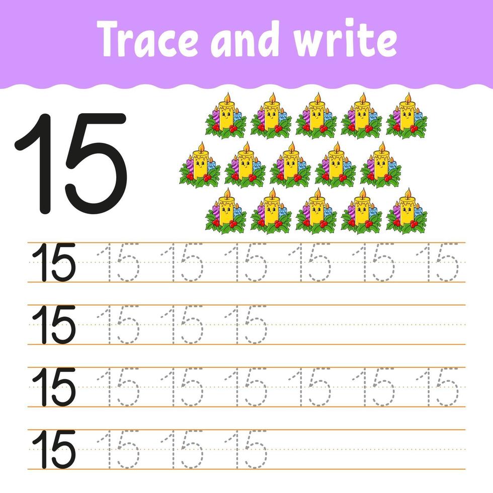 Learn Number 15. Trace and write. Winter theme. Handwriting practice. Learning numbers for kids. Education developing worksheet. Color activity page. Isolated vector illustration in cute cartoon style.