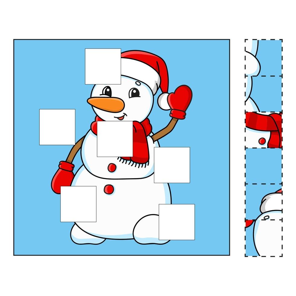 Puzzle game for kids snowman. Cut and paste. Cutting practice. Learning shapes. Education worksheet. Winter theme. Activity page. Cartoon character. vector