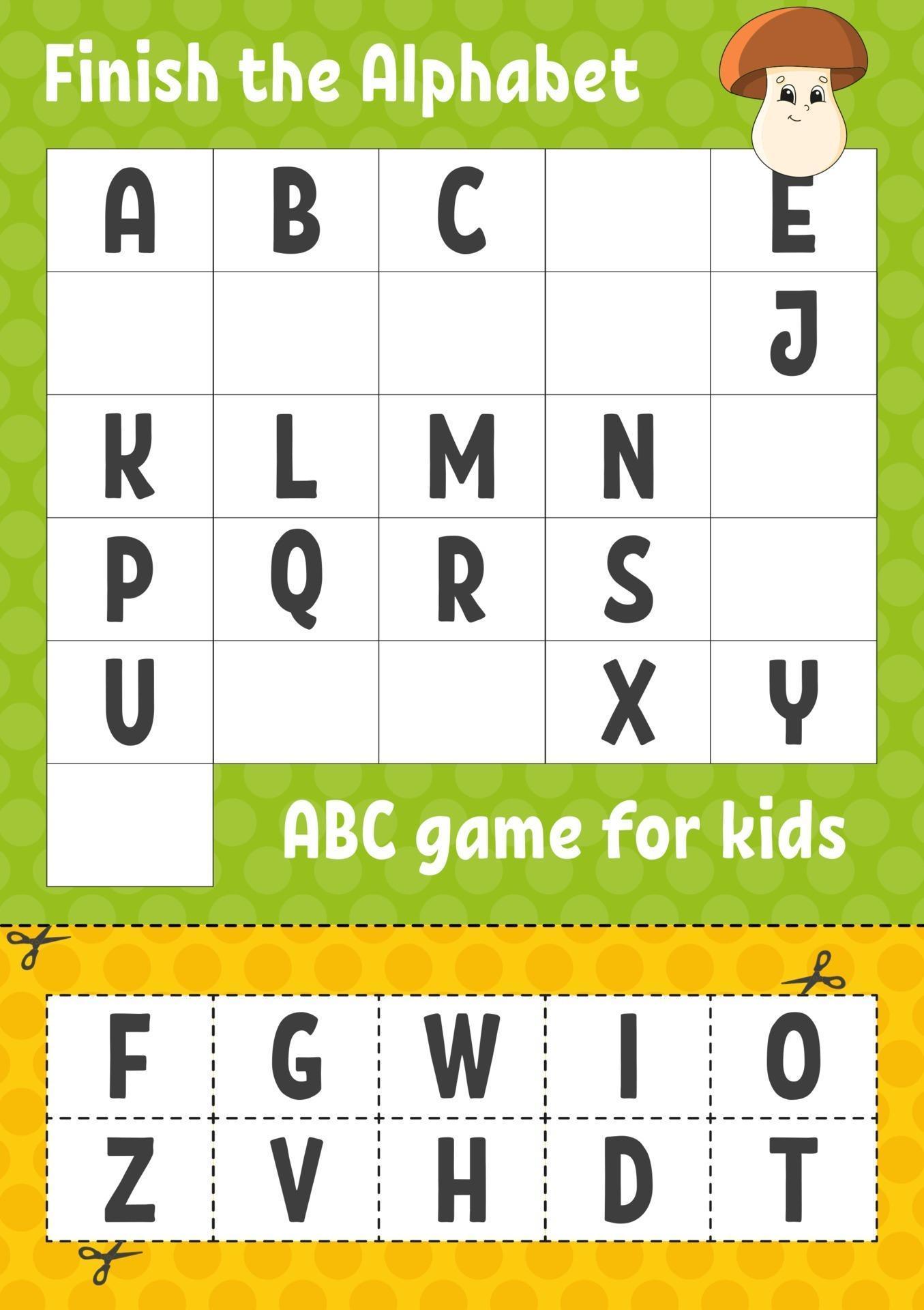 Finish the alphabet. ABC game for kids. Cut and glue. Education