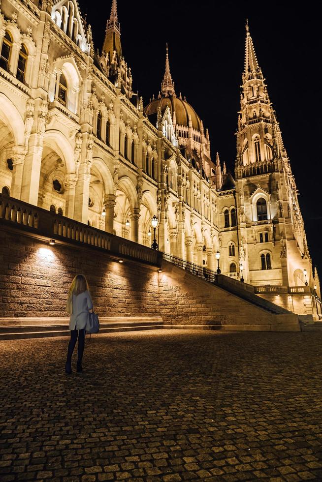 Budapest, Hungary 2017- The Hungarian Parliament in Budapest on the Danube in the night lights of the street lamps photo