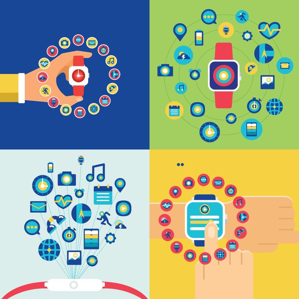 Smart watch with various app icons vector