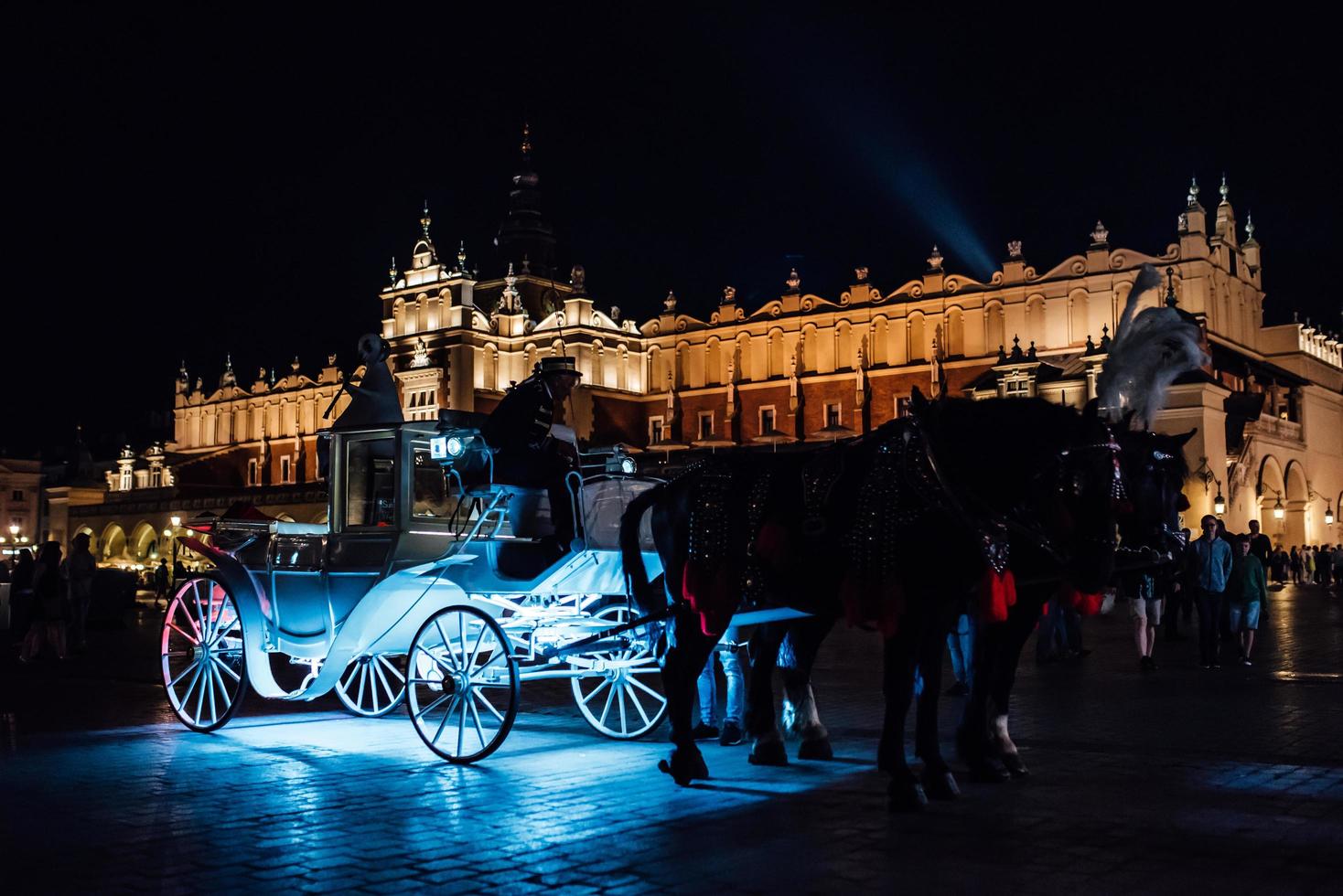 Krakow, Poland 2017- The old square of the night in Krakow with horse-drawn carriages photo