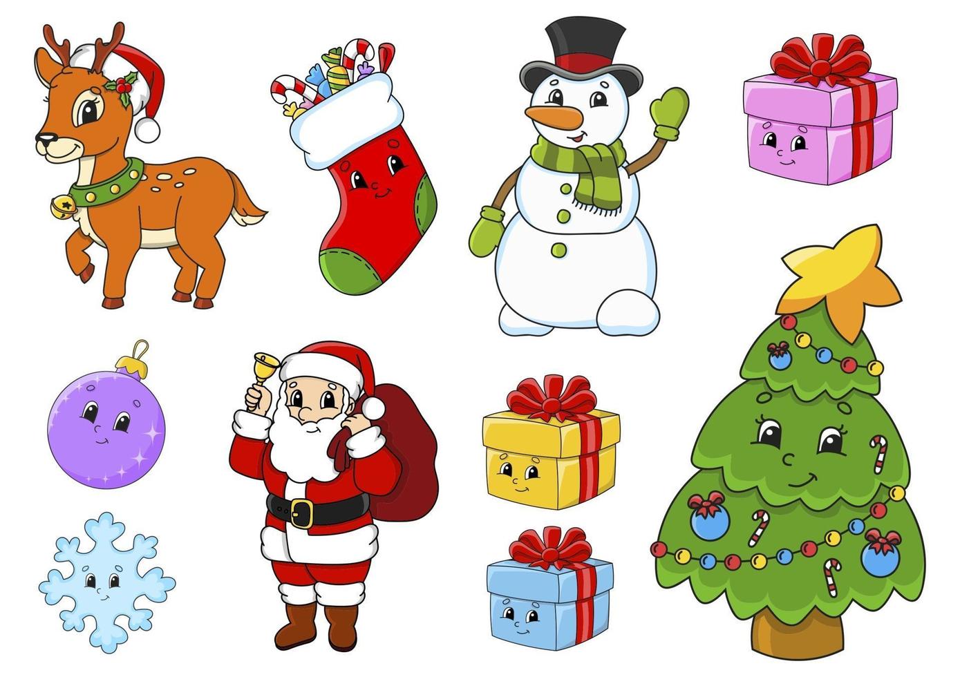 Set of stickers with cute cartoon characters. Christmas theme. Hand drawn. Colorful pack. Vector illustration. Patch badges collection. Label design elements. For daily planner, diary, organizer.