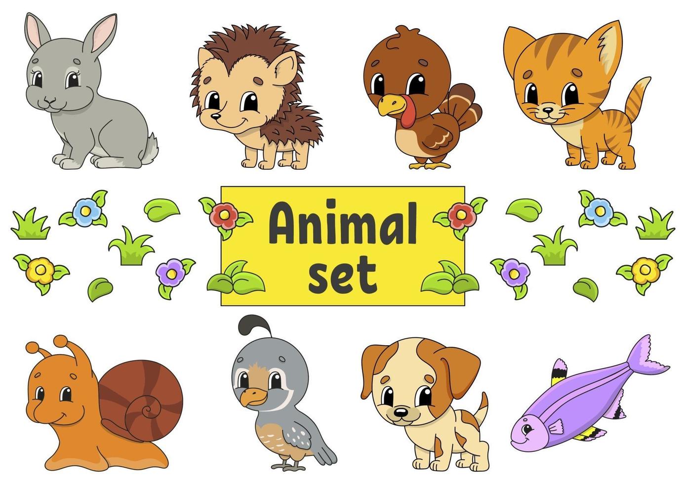 Set of stickers with cute cartoon characters. Animal clipart. Hand drawn. Colorful pack. Vector illustration. Patch badges collection. Label design elements. For daily planner, organizer, diary.