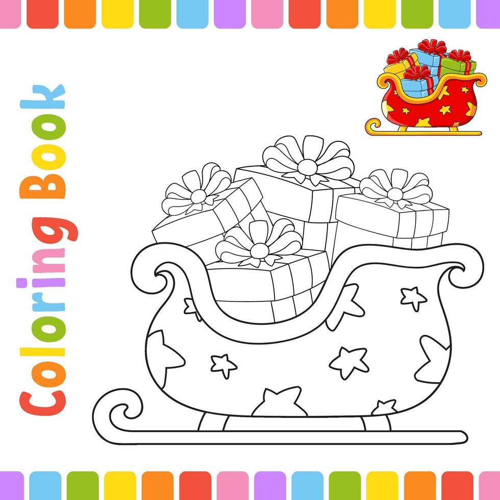 libro para colorear para niños en trineo. tema de invierno. carácter alegre. ilustración vectorial. estilo de dibujos animados lindo. página de fantasía para niños. silueta de contorno negro. aislado sobre fondo blanco. vector