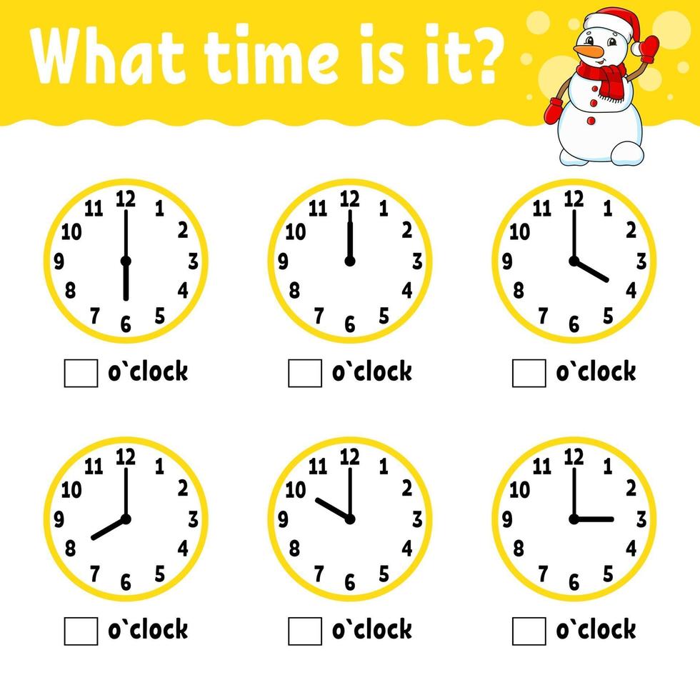 Learning time on the clock snowman. Winter theme. Educational activity worksheet for kids and toddlers. Game for children. Simple flat isolated color vector illustration in cute cartoon style.