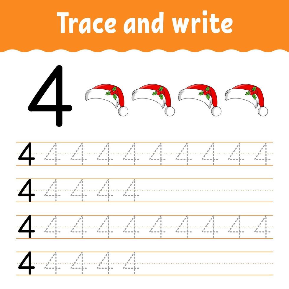 Learn Number 4. Trace and write. Winter theme. Handwriting practice. Learning numbers for kids. Education developing worksheet. Color activity page. Isolated vector illustration in cute cartoon style.