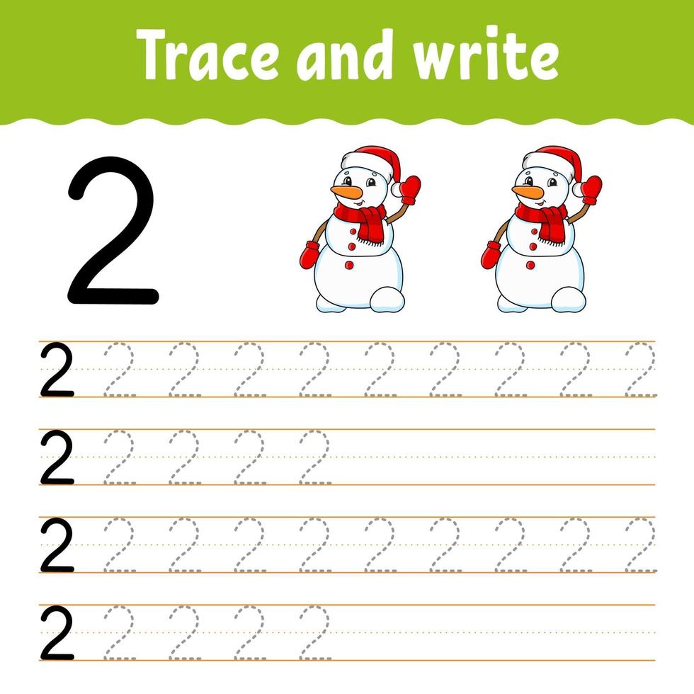 Learn Number 2. Trace and write. Winter theme. Handwriting practice. Learning numbers for kids. Education developing worksheet. Color activity page. Isolated vector illustration in cute cartoon style.