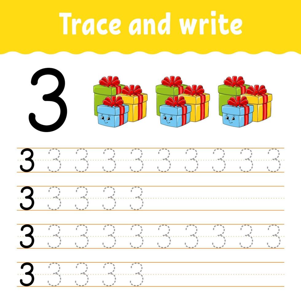 Learn Number 3. Trace and write. Winter theme. Handwriting practice. Learning numbers for kids. Education developing worksheet. Color activity page. Isolated vector illustration in cute cartoon style.