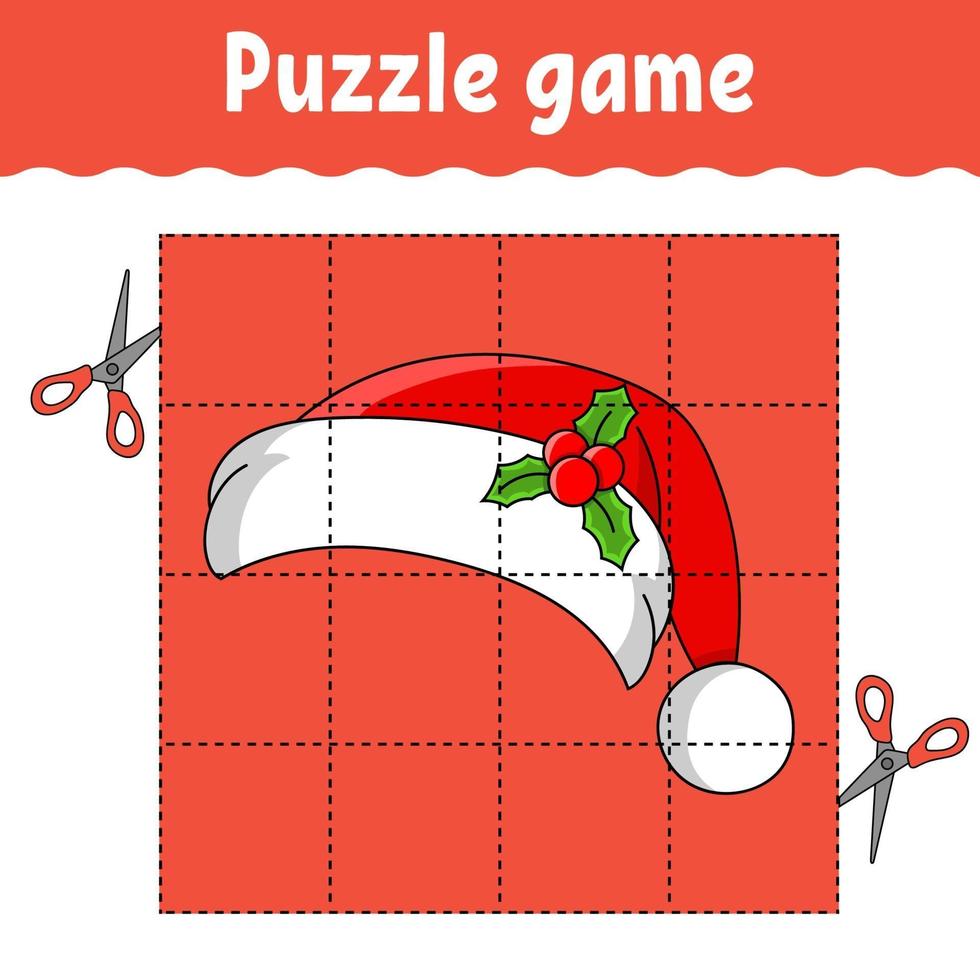 Puzzle game for kids with hat. Winter theme. Education developing worksheet. Learning game for children. Color activity page. For toddler. Riddle for preschool. Isolated vector illustration in cartoon style.