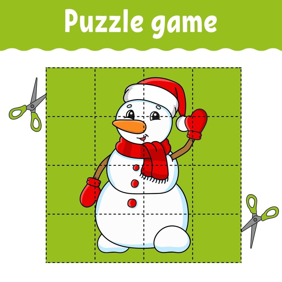 Puzzle game for kids with snowman. Winter theme. Education developing worksheet. Learning game for children. Color activity page. For toddler. Riddle for preschool. Isolated vector illustration in cartoon style.