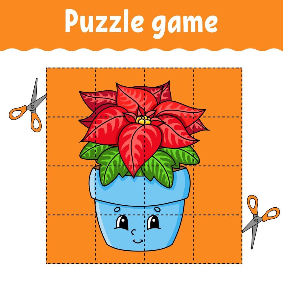 Puzzle game for kids with poinsettia. Winter theme. Education developing worksheet. Learning game for children. Color activity page. For toddler. Riddle for preschool. Isolated vector illustration in cartoon style.