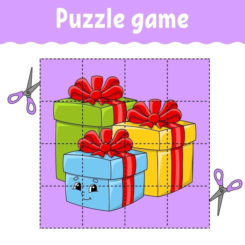 Puzzle game for kids with gift. Winter theme. Education developing worksheet. Learning game for children. Color activity page. For toddler. Riddle for preschool. Isolated vector illustration in cartoon style.