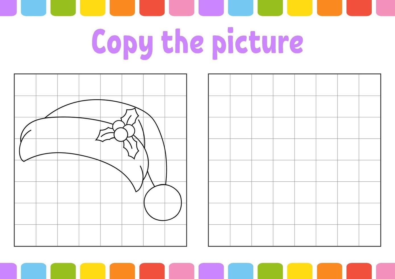 Copy the picture hat. Winter theme. Coloring book pages for kids. Education developing worksheet. Game for children. Handwriting practice. Funny character. Cute cartoon vector illustration.