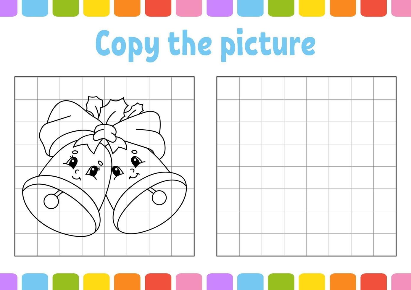 Copy the picture bells. Winter theme. Coloring book pages for kids. Education developing worksheet. Game for children. Handwriting practice. Funny character. Cute cartoon vector illustration.