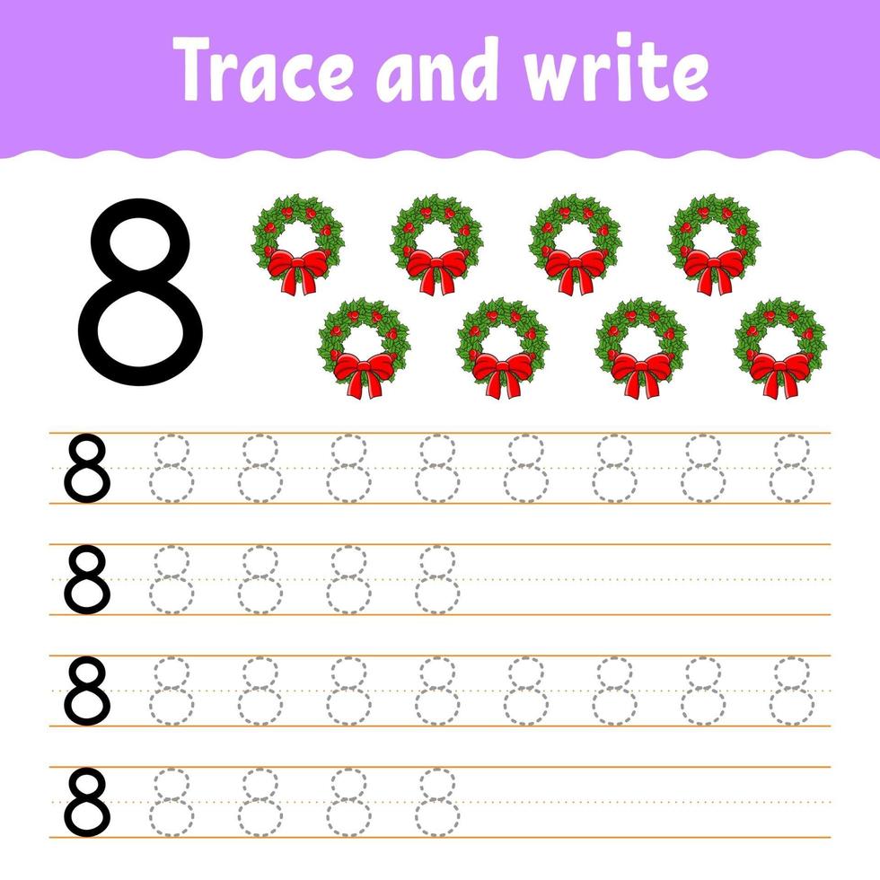 Learn Number 8. Trace and write. Winter theme. Handwriting practice. Learning numbers for kids. Education developing worksheet. Color activity page. Isolated vector illustration in cute cartoon style.