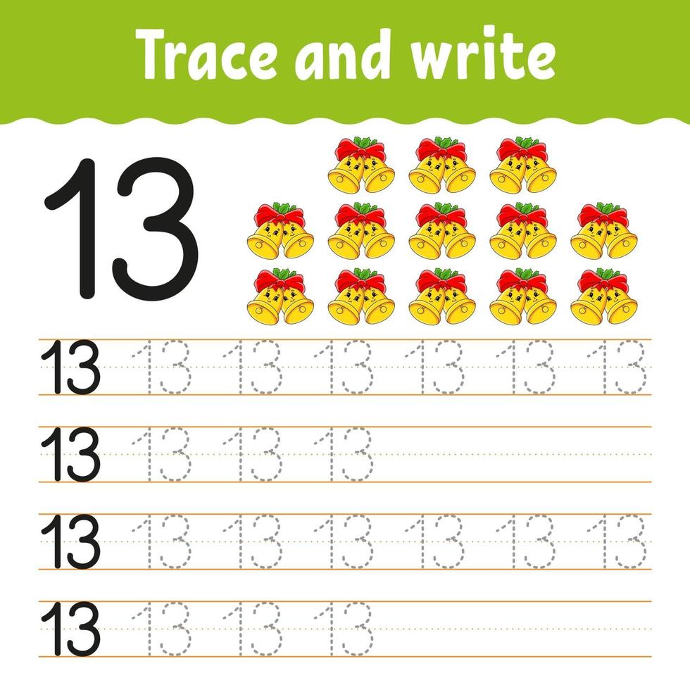 Learn Number 13. Trace and write. Winter theme. Handwriting practice. Learning numbers for kids. Education developing worksheet. Color activity page. Isolated vector illustration in cute cartoon style.