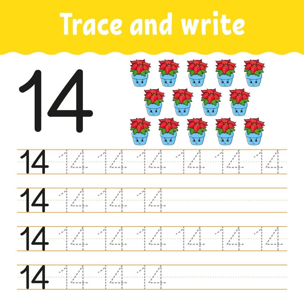 Learn Number 14. Trace and write. Winter theme. Handwriting practice. Learning numbers for kids. Education developing worksheet. Color activity page. Isolated vector illustration in cute cartoon style.