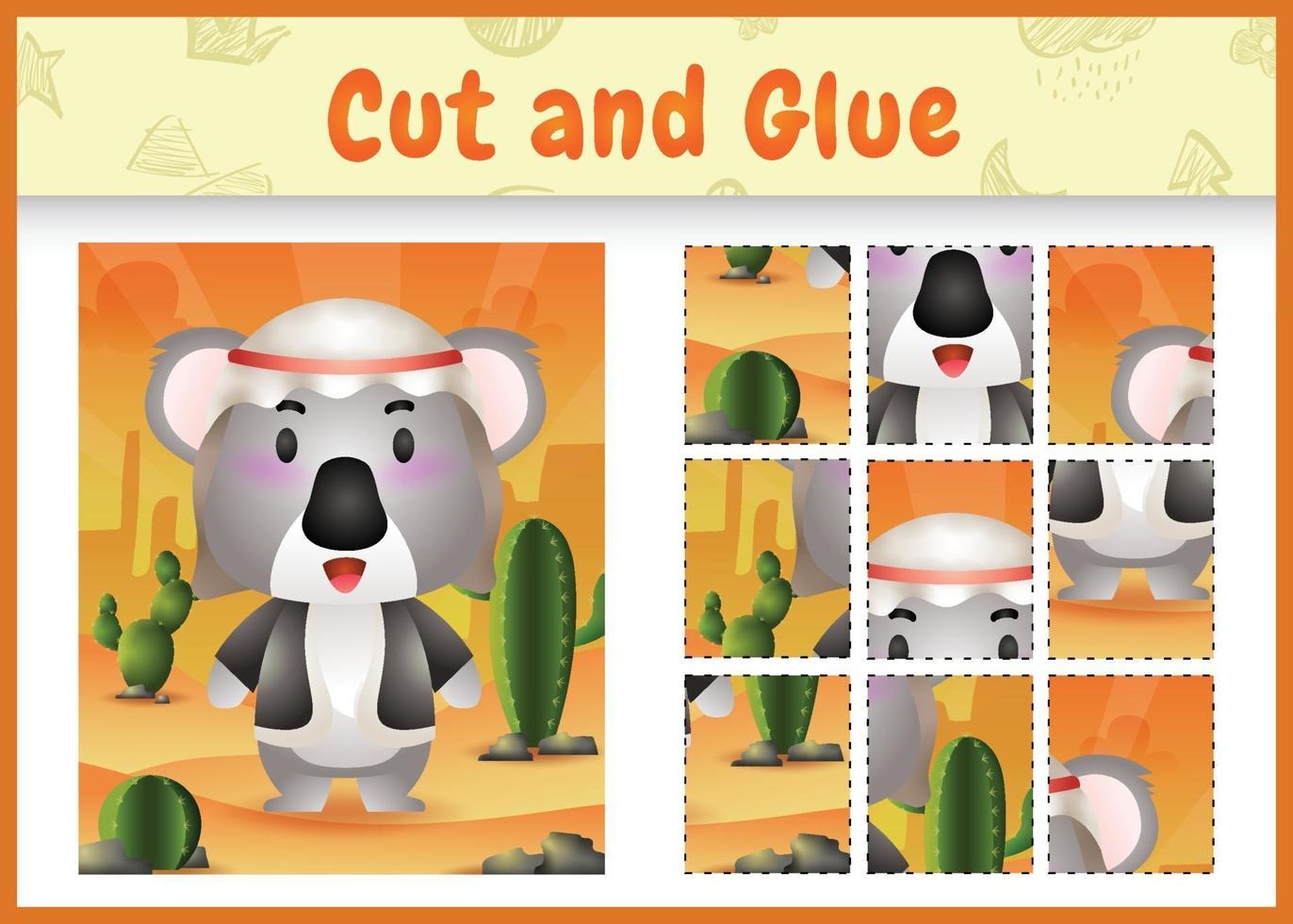 Children board game cut and glue themed easter with a cute koala using arabic traditional costume vector