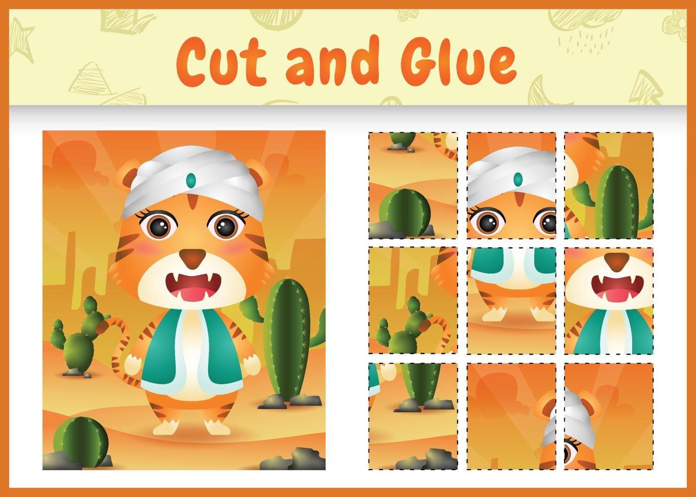 Children board game cut and glue themed easter with a cute tiger using arabic traditional costume vector