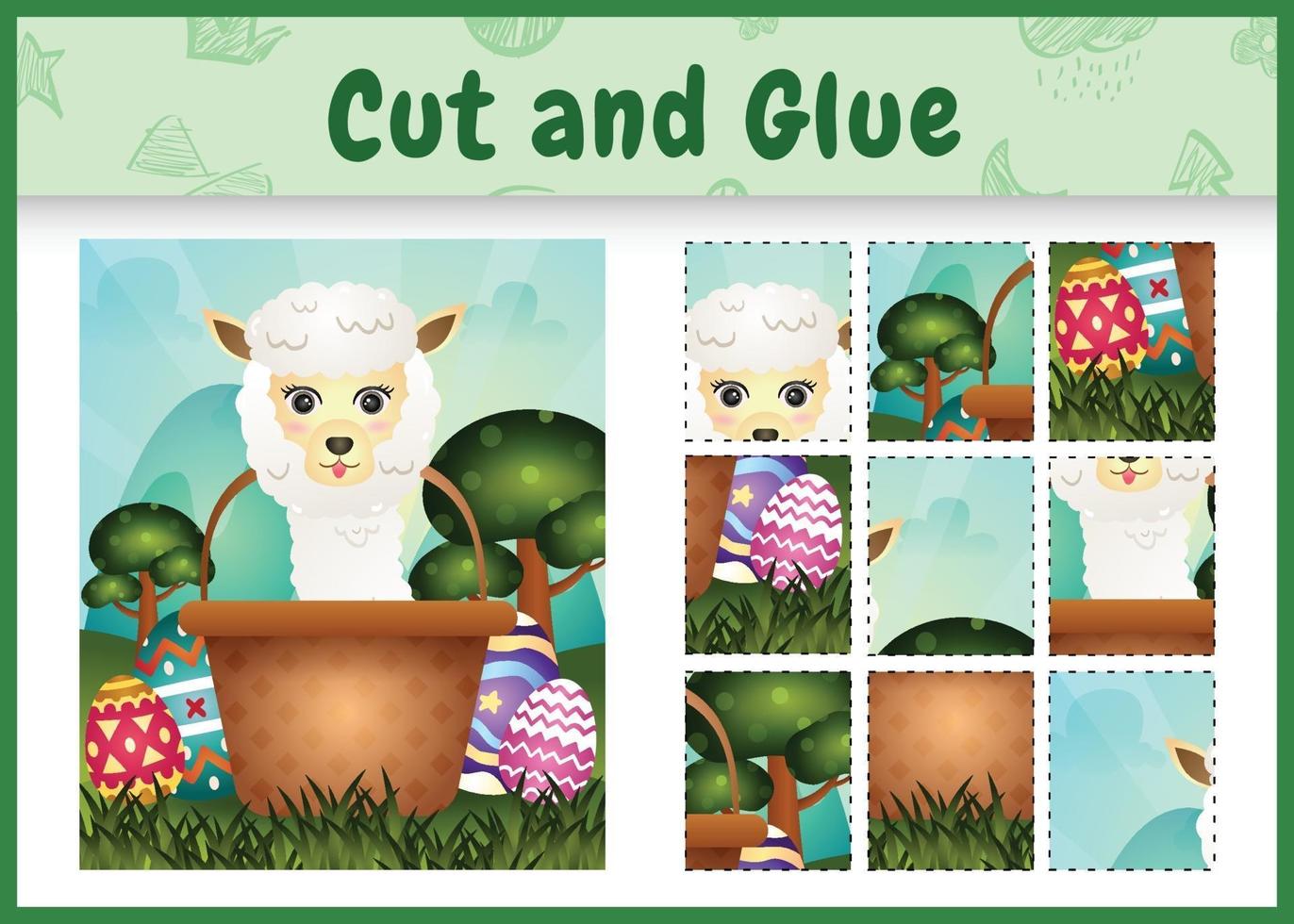 Children board game cut and glue themed easter with a cute alpaca in the bucket egg vector