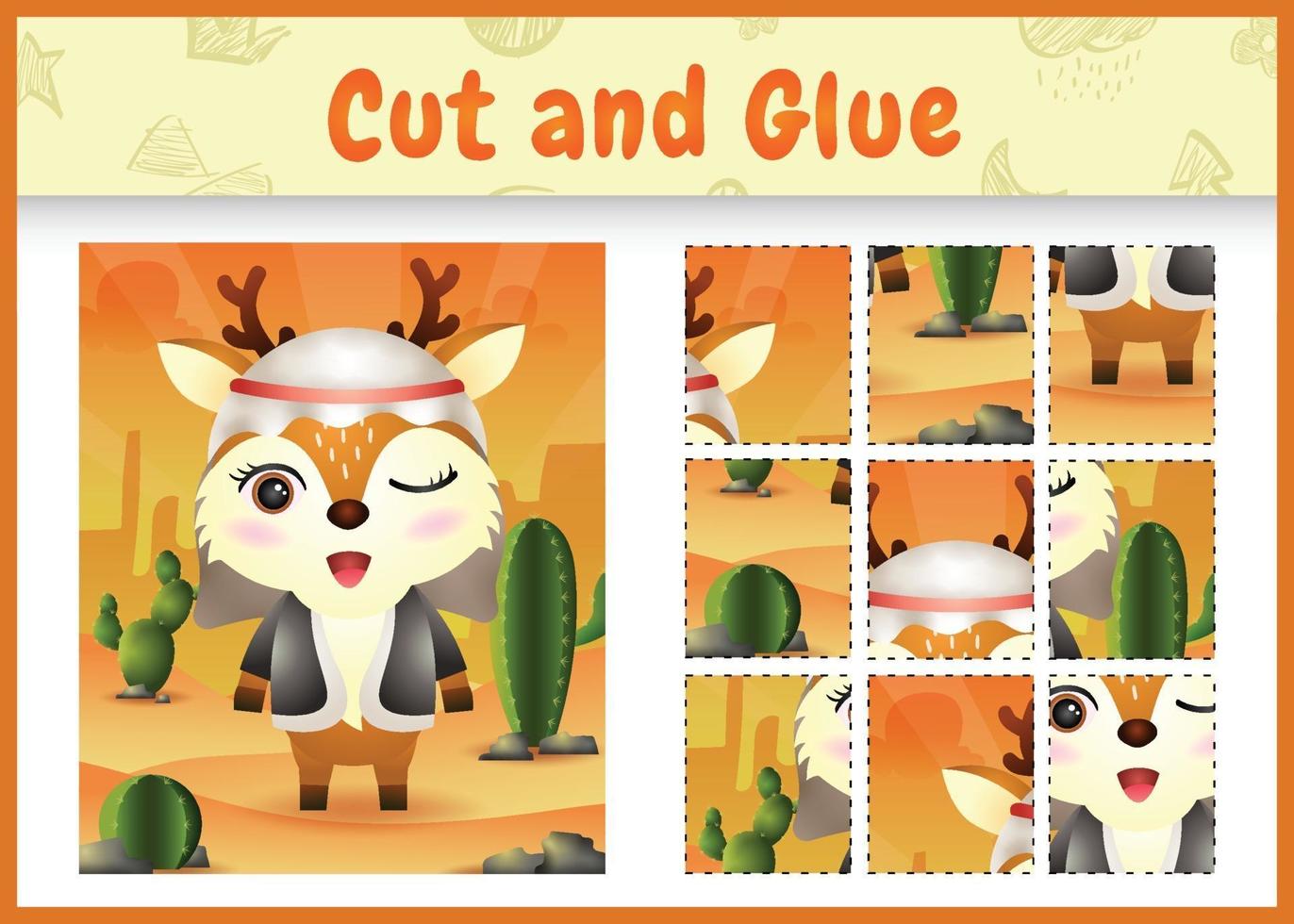 Children board game cut and glue themed easter with a cute deer using arabic traditional costume vector