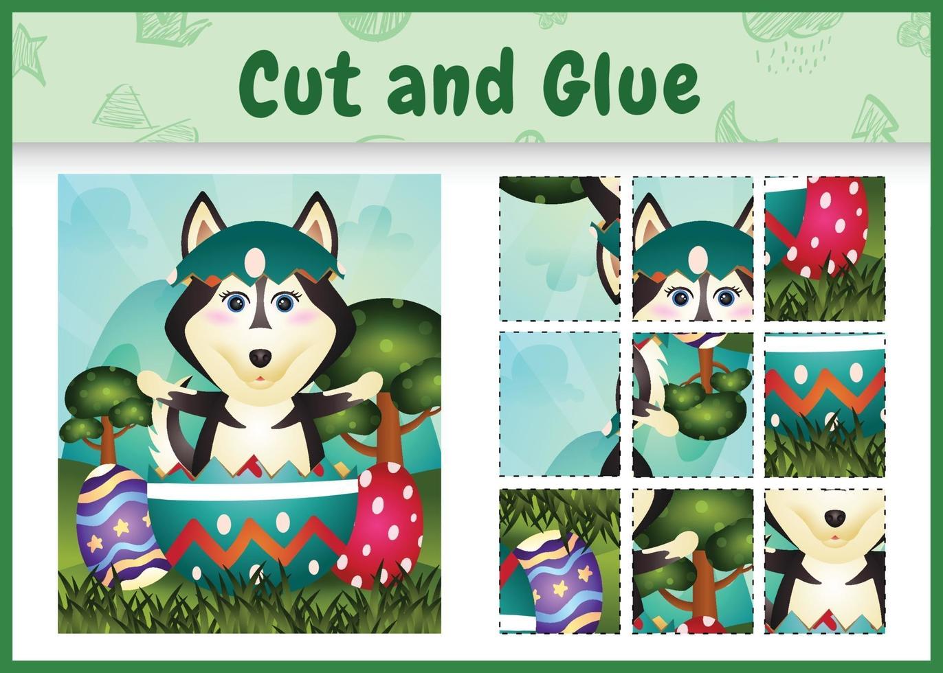 Children board game cut and glue themed easter with a cute husky dog in the egg vector