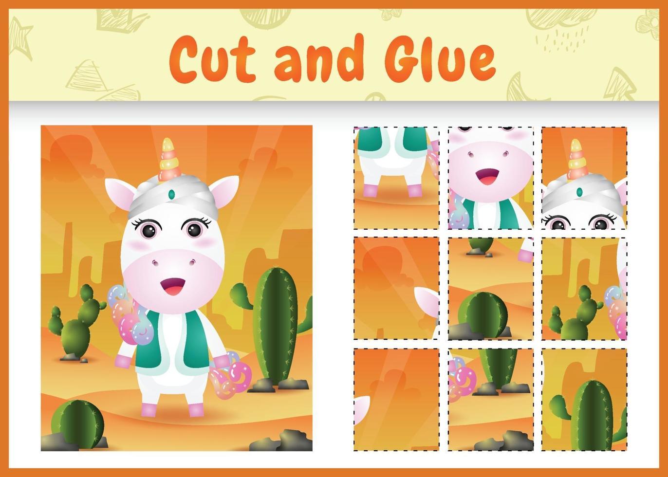 Children board game cut and glue themed easter with a cute unicorn using arabic traditional costume vector