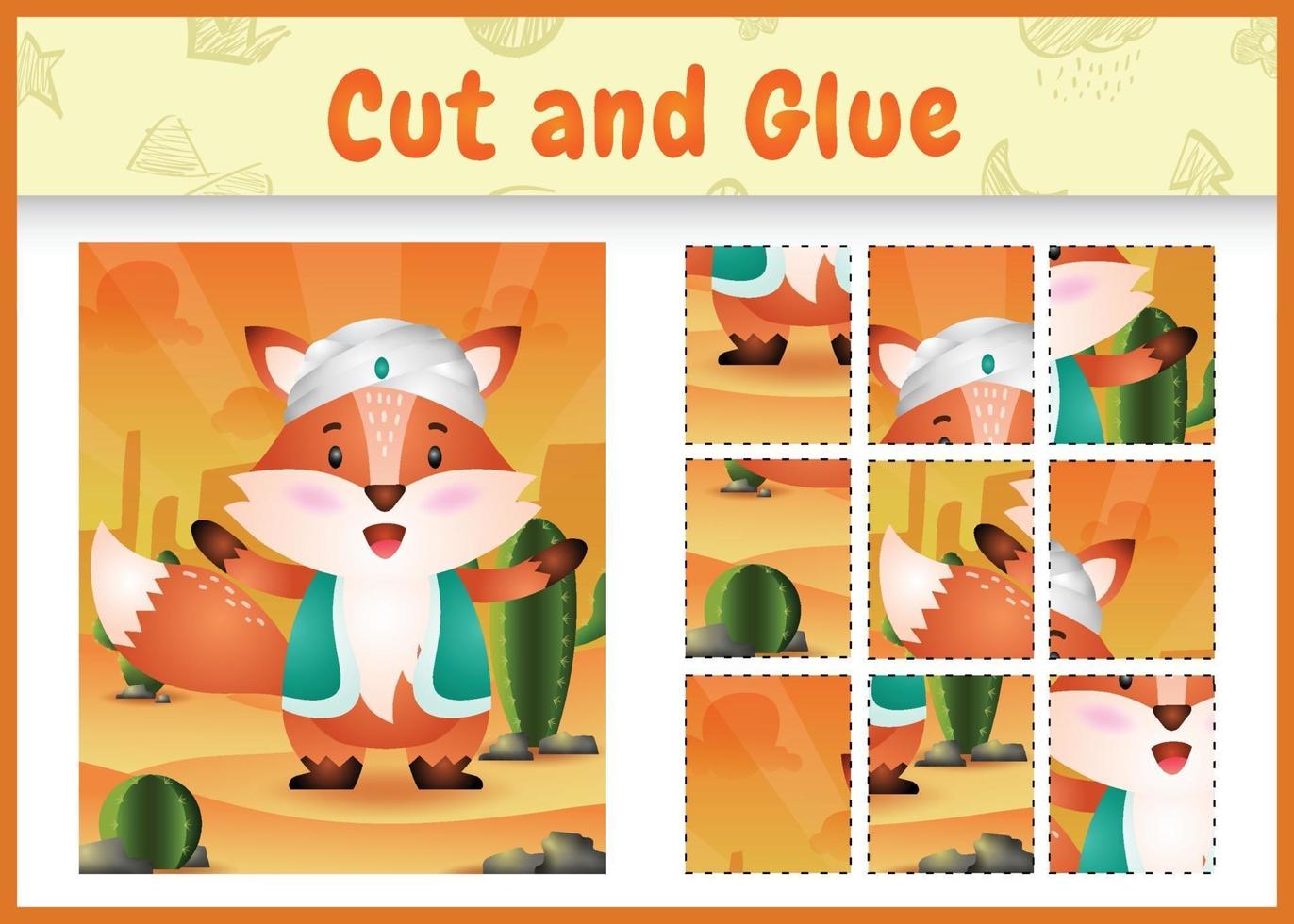 Children board game cut and glue themed easter with a cute fox using arabic traditional costume vector