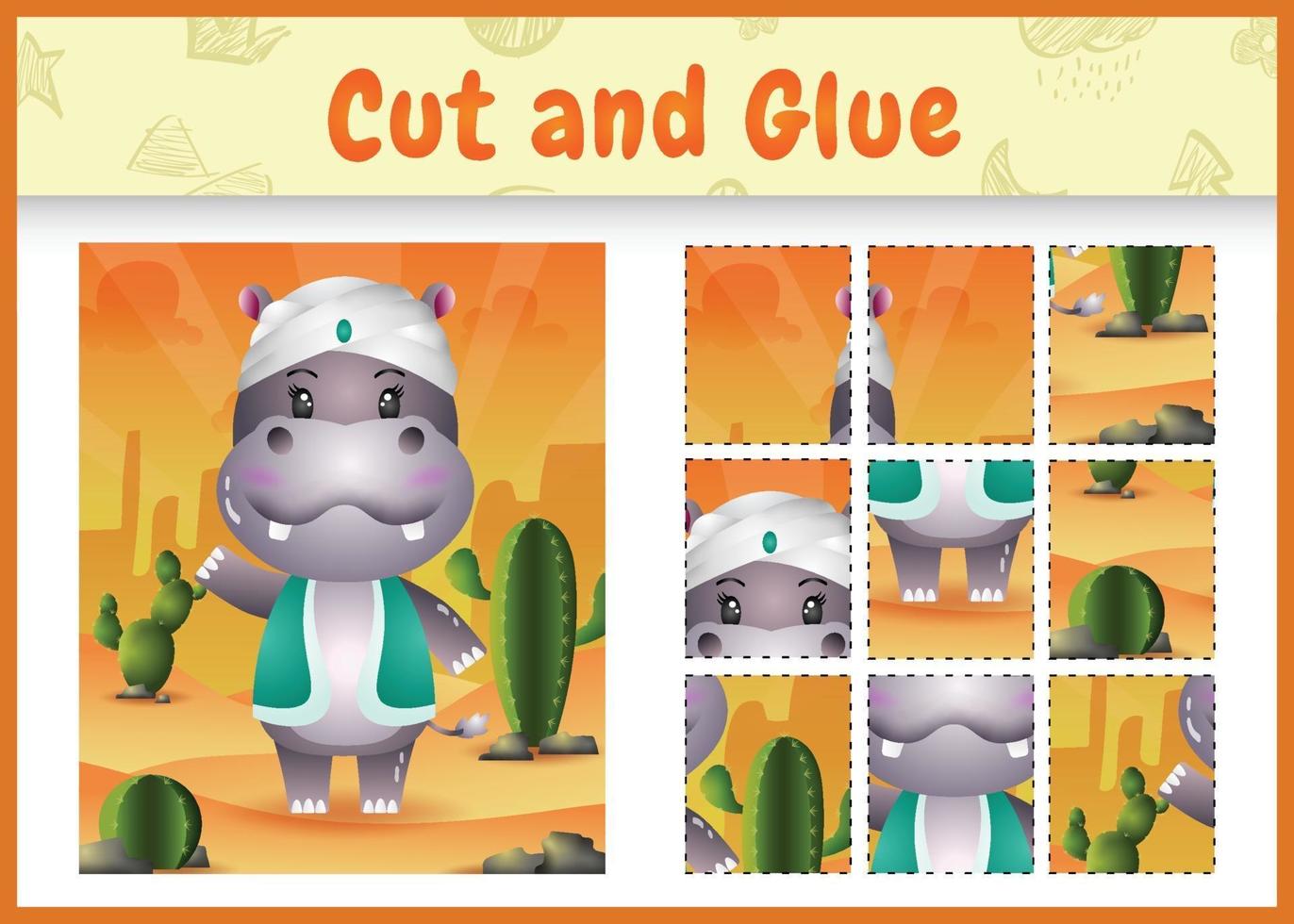 Children board game cut and glue themed easter with a cute hippo using arabic traditional costume vector