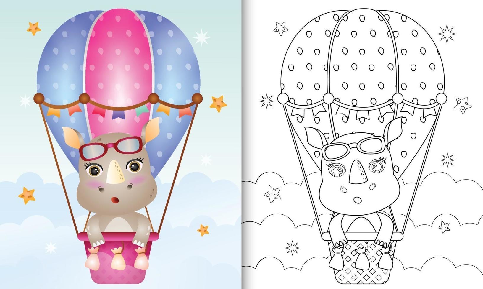coloring book for kids with a cute rhino on hot air balloon vector