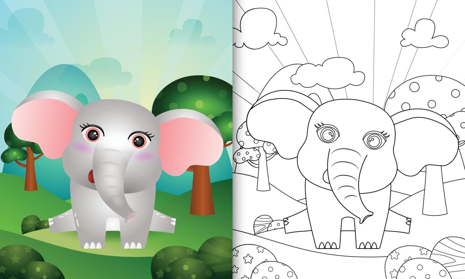 libro para colorear para niños con una linda ilustración de personaje de elefante vector